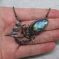 Labradorite thistle motif oxidized silver necklace, nature inspired Goth necklac