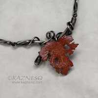 Withered copper grape leaf with Japanese patina and oxidized silver necklace .