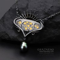Art Nouveau style Keum Boo picture and black baroque pearl oxidized silver penda