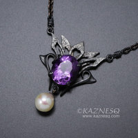 Amethyst and Akoya pearl oxidized silver goth taste silver pendant necklace for