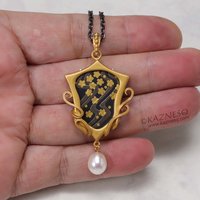 Art Nouveau style water pattern and blossoms Keum Boo gold tone silver pendant n