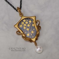 Art Nouveau style water pattern and blossoms Keum Boo gold tone silver pendant n