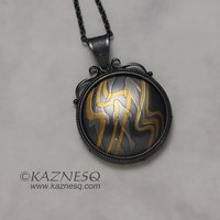 (C) KAZNESQ: Keum Boo oxidized silver round pendant of water pattern and fishes