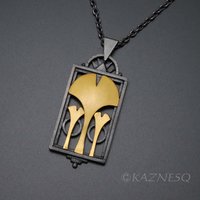 (C) KAZNESQ: Ginkgo leaf Art Deco style oxidized silver rectangle pendant
