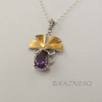 (C) KAZNESQ: Ginkgo leaf silver necklace with amethyst and Gold Keum Boo
