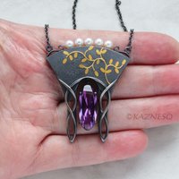 (C) KAZNESQ: Art Nouveau style gold Japanese bush clover silver necklace