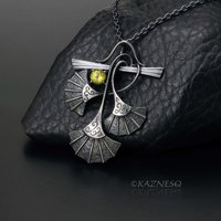 (C) KAZNESQ: Goth style Ginkgo motif Mali Garnet Oxidized Silver Pendant Necklac