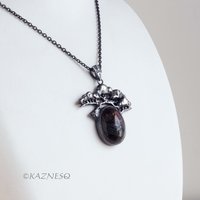 (C) KAZNESQ: Moss Agate Bonsai Pine Tree motif Oxidized Silver Pendant Necklace