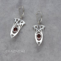 (C) KAZNESQ: Art Nouveau style Silver Earrings with garnets, lever back wires