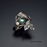 (C) KAZNESQ: Quartz lined with Paua shell Leaf motif Art Nouveau style silver ri