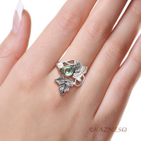 (C) KAZNESQ: Quartz lined with Paua shell Leaf motif Art Nouveau style silver ri