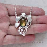 Citrine + Mother of Pearl leaf motif Art nouveau matte silver pendant necklace