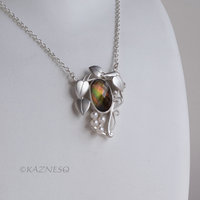 Citrine + Mother of Pearl leaf motif Art nouveau matte silver pendant necklace