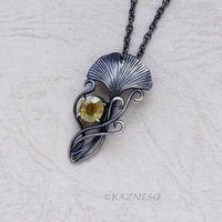 Art Nouveau style Ginkgo motif Oxidized Silver Oval Sphene Pendant Necklace