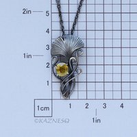 Art Nouveau style Ginkgo motif Oxidized Silver Oval Sphene Pendant Necklace