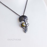 Art Nouveau style Ginkgo motif Oxidized Silver Oval Sphene Pendant Necklace