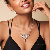 Art Nouveau style Matte Silver Floral Pendant Necklace with Rhodolite Garnet and Akoya Pearls