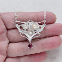 Art Nouveau style Matte Silver Floral Pendant Necklace with Rhodolite Garnet and Akoya Pearls
