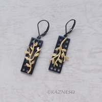 Twig motif Black and Gold tone rectangle lattice asymmetrical Silver Earrings