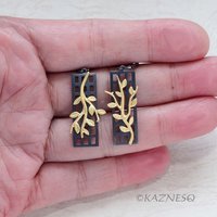 Twig motif Black and Gold tone rectangle lattice asymmetrical Silver Earrings