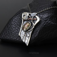 Artistic Silver Leaf Pendant, Rutilated Quartz with Mother of Pearl Botanical Design