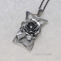 Handcrafted Art Nouveau Peony Pendant - Oxidized Sterling Silver Floral Necklace