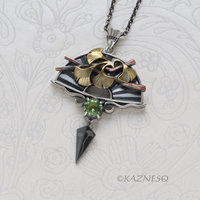 Japanese Garden Inspired Pendant - Oxidized Silver, Brass Ginkgo & Tourmaline Peridot