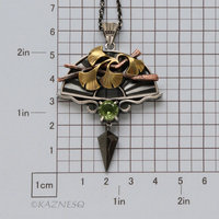 Japanese Garden Inspired Pendant - Oxidized Silver, Brass Ginkgo & Tourmaline Peridot
