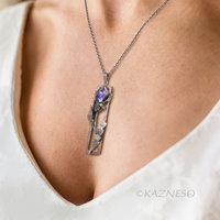 Oxidized Silver Thistle Pendant with a copper frame, Amethyst Mother of Pearl, Botanical Jewelry