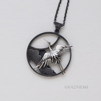 Sterling Silver Crane & Pine Pendant - Dimensional Japanese Nature Design