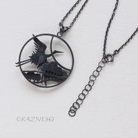 Sterling Silver Crane & Pine Pendant - Dimensional Japanese Nature Design