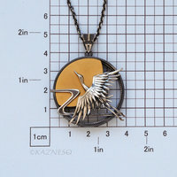Japanese Crane in Flight with Rising Sun Pendant - Oxidized Sterling Silver & 24K Gold Keum-Boo
