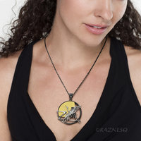 Japanese Crane in Flight with Rising Sun Pendant - Oxidized Sterling Silver & 24K Gold Keum-Boo