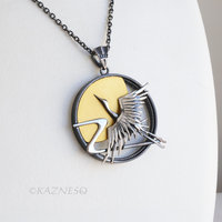 Japanese Crane in Flight with Rising Sun Pendant - Oxidized Sterling Silver & 24K Gold Keum-Boo