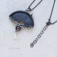 Oxidized Silver Crane Necklace with Keum-Boo Sun, Japanese Patina & Pearl