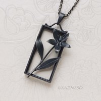 Sterling Silver Framed Flower Pendant - Handmade Black and White Botanical Necklace