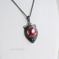 Oxidized Sterling Silver Pendant Necklace – Hido Copper Cab & Blue Spinel, Japanese Heat Patina, Filigree, Handmade Artisan Jewelry