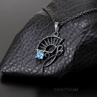 Blue Topaz Fan and Scrolls Pendant Necklace in Oxidized Sterling Silver