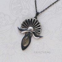 Oxidized Silver Fantasy Flower Pendant Necklace – Rutilated Quartz & Black Mother of Pearl, Handmade Art Jewelry