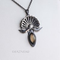 Oxidized Silver Fantasy Flower Pendant Necklace – Rutilated Quartz & Black Mother of Pearl, Handmade Art Jewelry