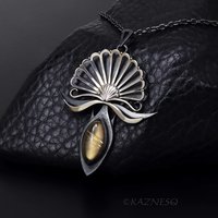 Oxidized Silver Fantasy Flower Pendant Necklace – Rutilated Quartz & Black Mother of Pearl, Handmade Art Jewelry
