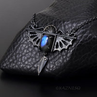 Gothic Art Nouveau Blue Labradorite Pendant Necklace - Oxidized Sterling Silver, Dragon Wing Rococo Shell