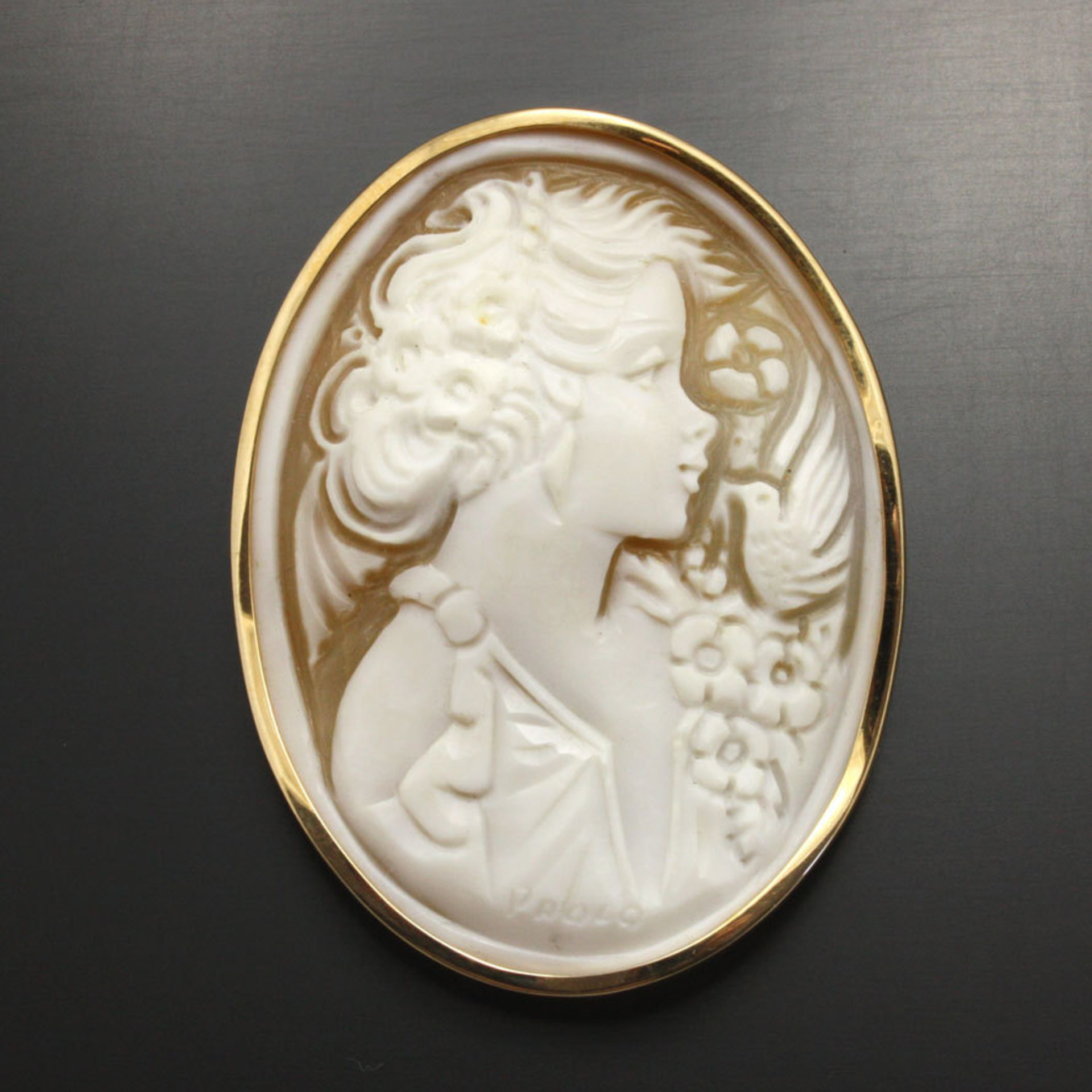 Vintage Shell cameo hand carved by an artist with gold frame(C2)