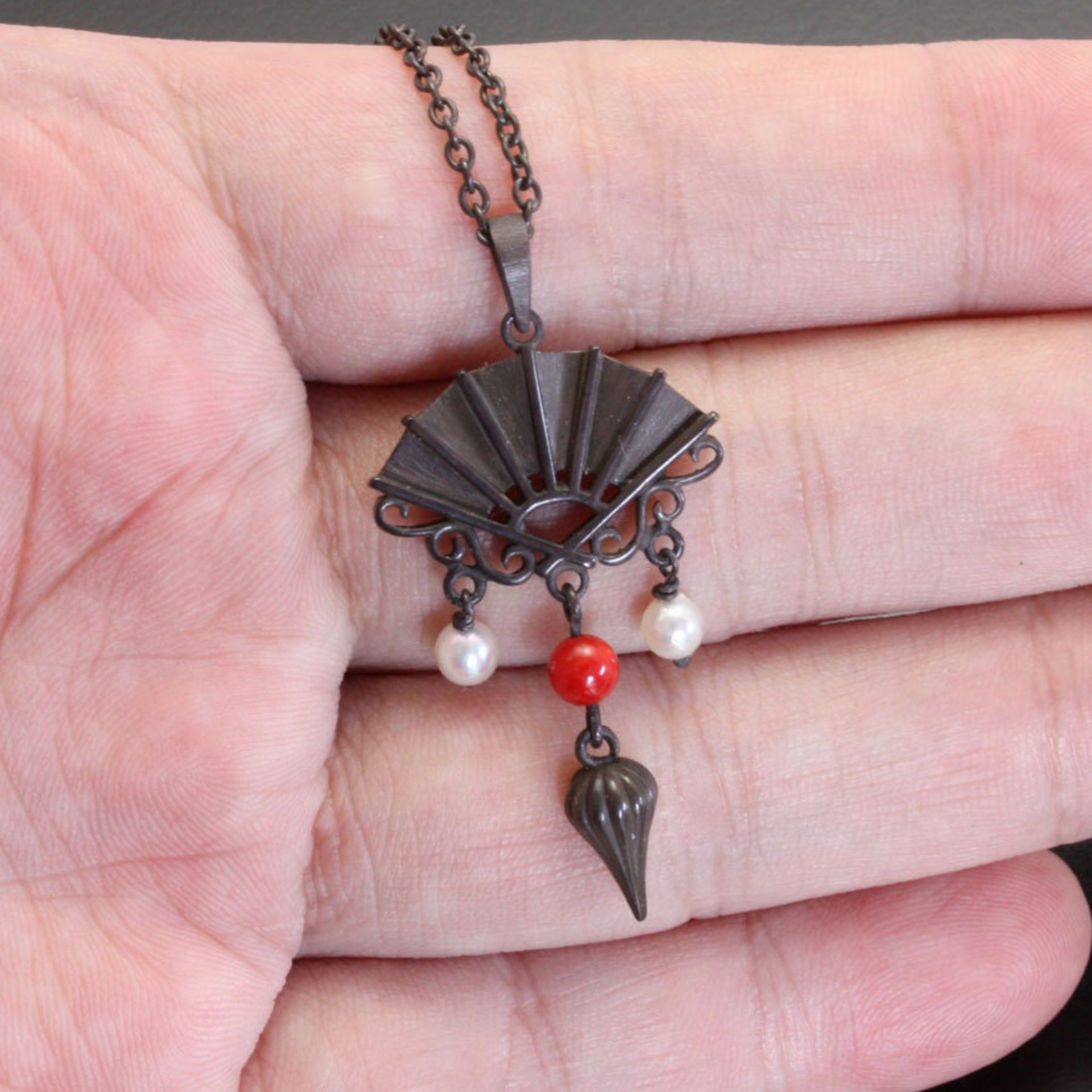 SALE: Fan pendant of Japanese patina with pearls and a coral