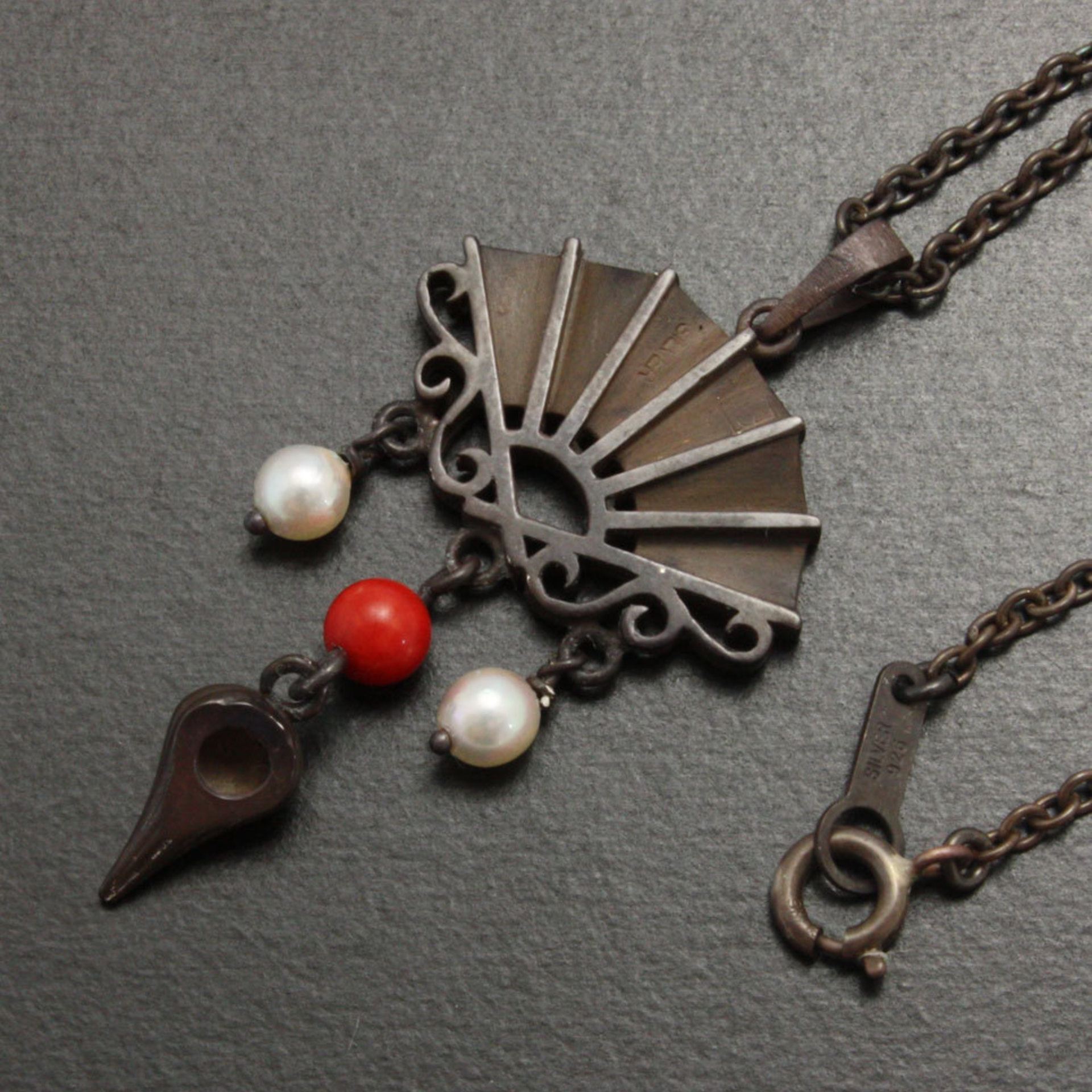 SALE: Fan pendant of Japanese patina with pearls and a coral