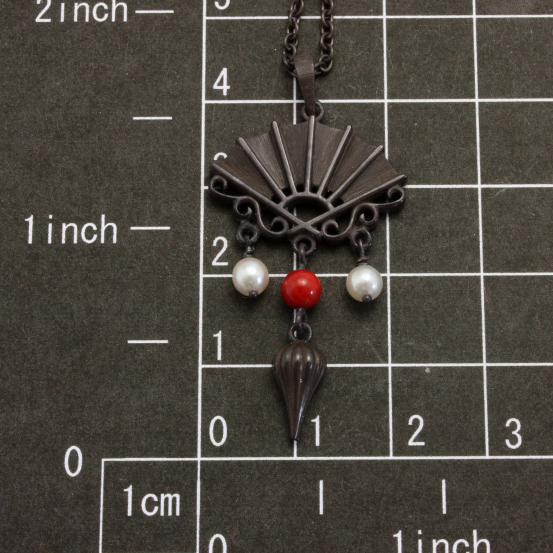 SALE: Fan pendant of Japanese patina with pearls and a coral