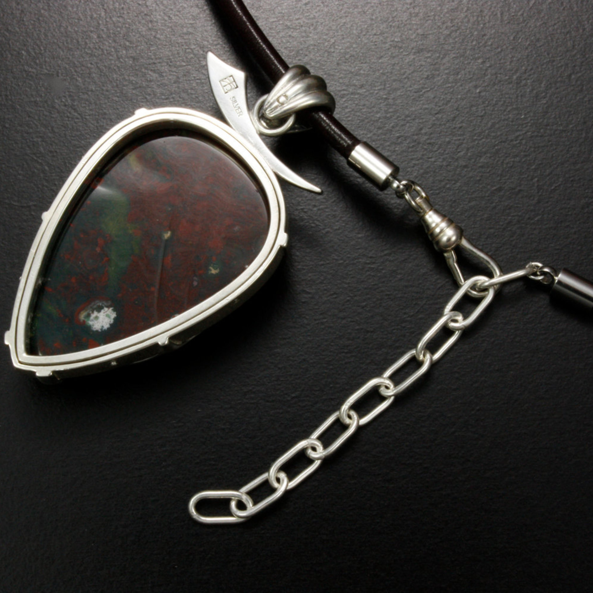 Bloodstone unisex tribal tattoo motif silver pendant necklace