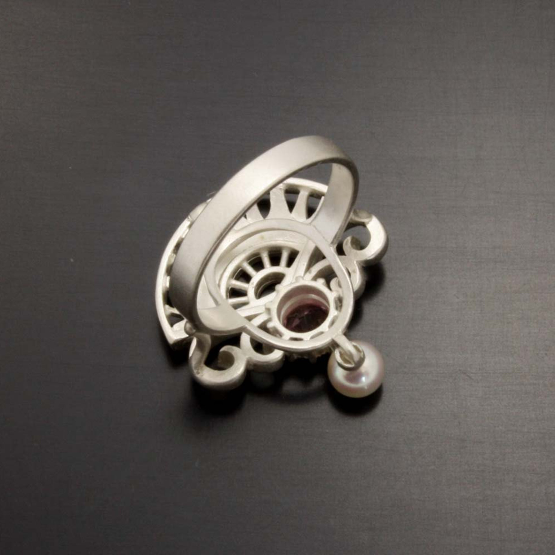 Sold: Pink tourmaline and cultured pearl ring of fan motif