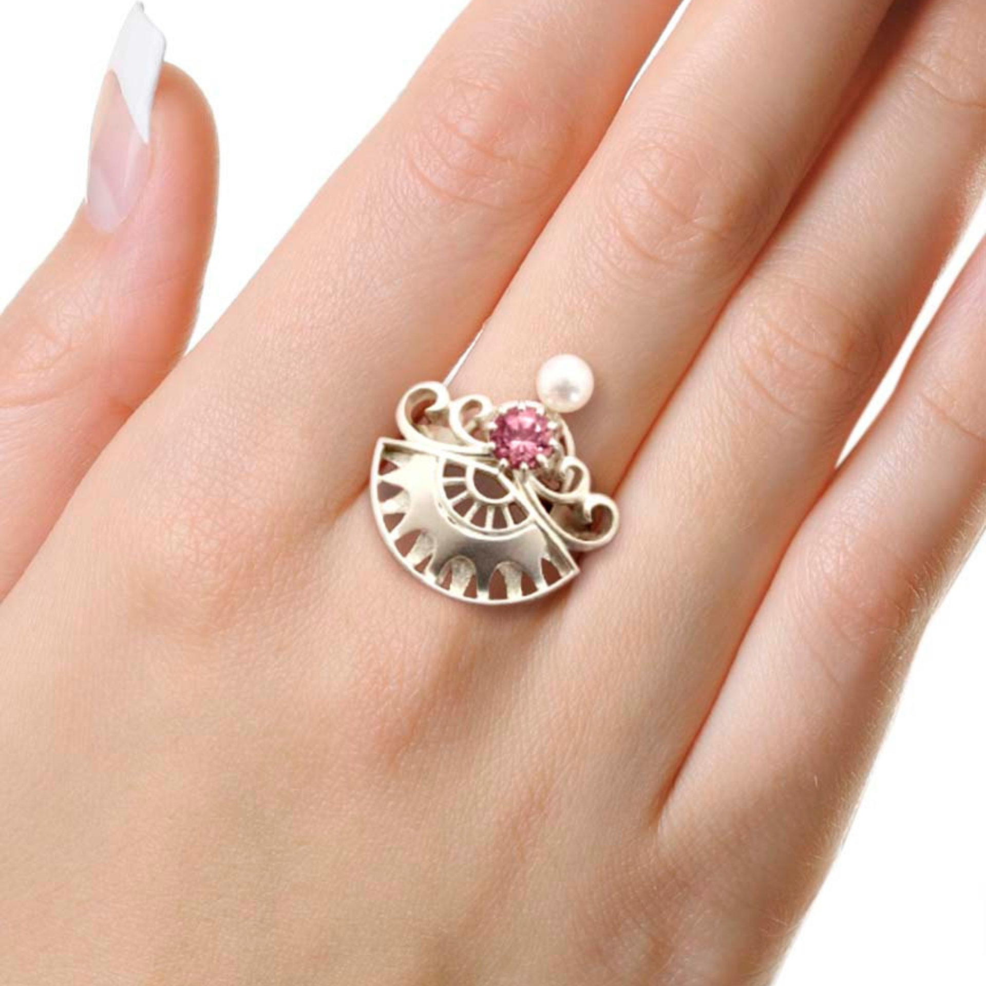Sold: Pink tourmaline and cultured pearl ring of fan motif