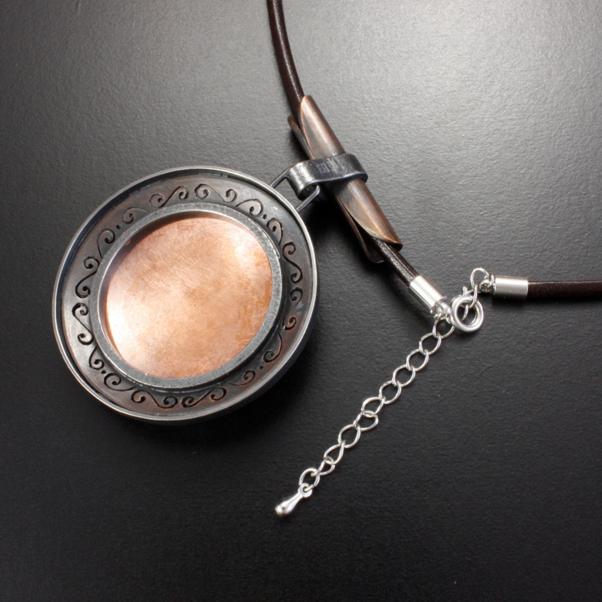SOLD: Gourd motif silver and copper round picture pendant